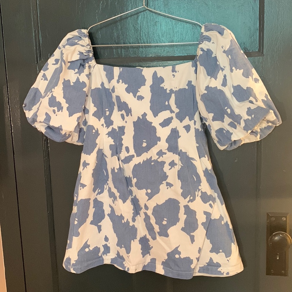 Cider denim cow print puff sleeve dress (M) - Picture 1 of 4